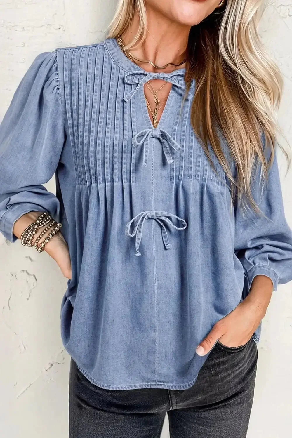 Bow Tie Long Sleeve Denim Top - VILLA FASHION